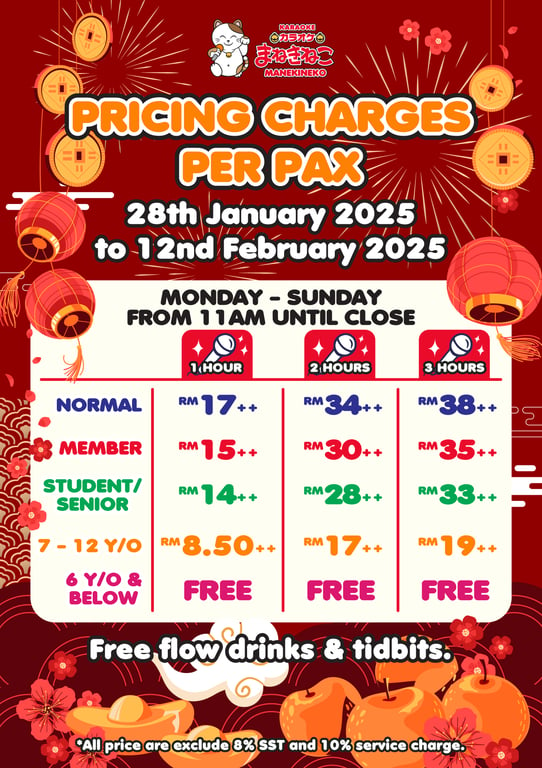 Chinese New Year Pricing Adjustment at Karaoke Manekineko: January 28, 2025 – February 12, 2025