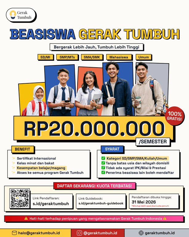 Beasiswa Gerak Tumbuh 2026 Resmi Dibuka: Rp20.000.000/Semester untuk Semua Jenjang Pendidikan Tanpa Syarat IPK