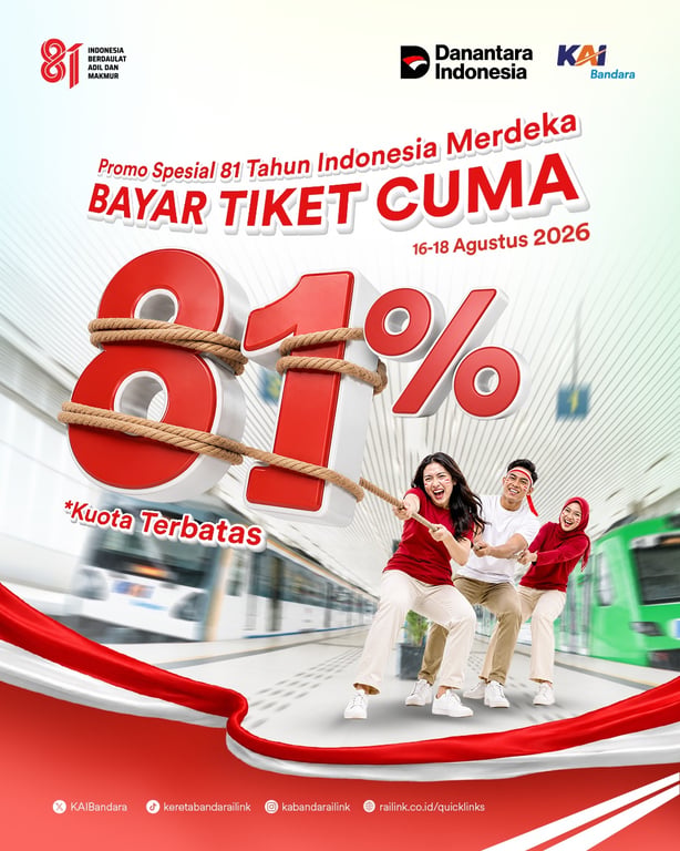KAI Bandara Hadirkan Promo “Bayar Tiket Cuma 81%” Sambut HUT ke-81 RI